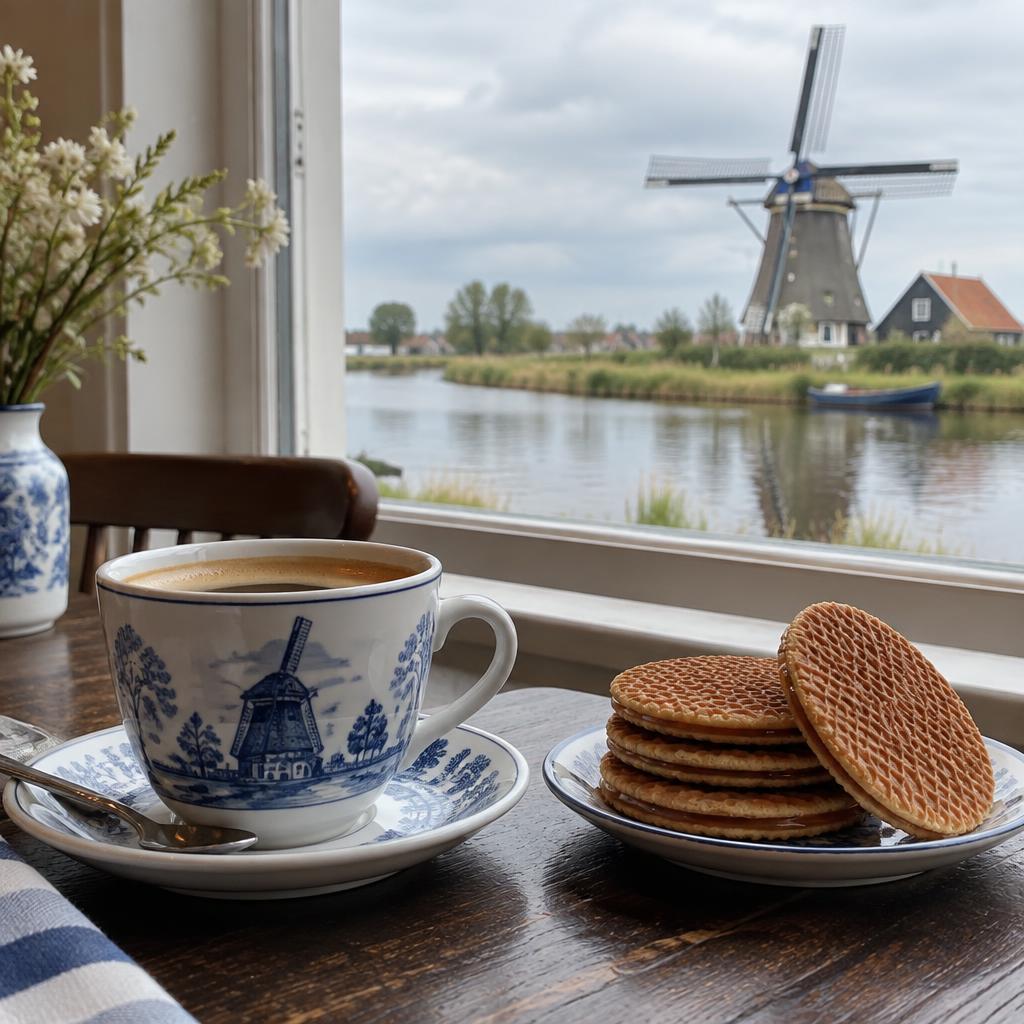 Coffee and Dutch stroopwafels, with a Dutch windmill in the background